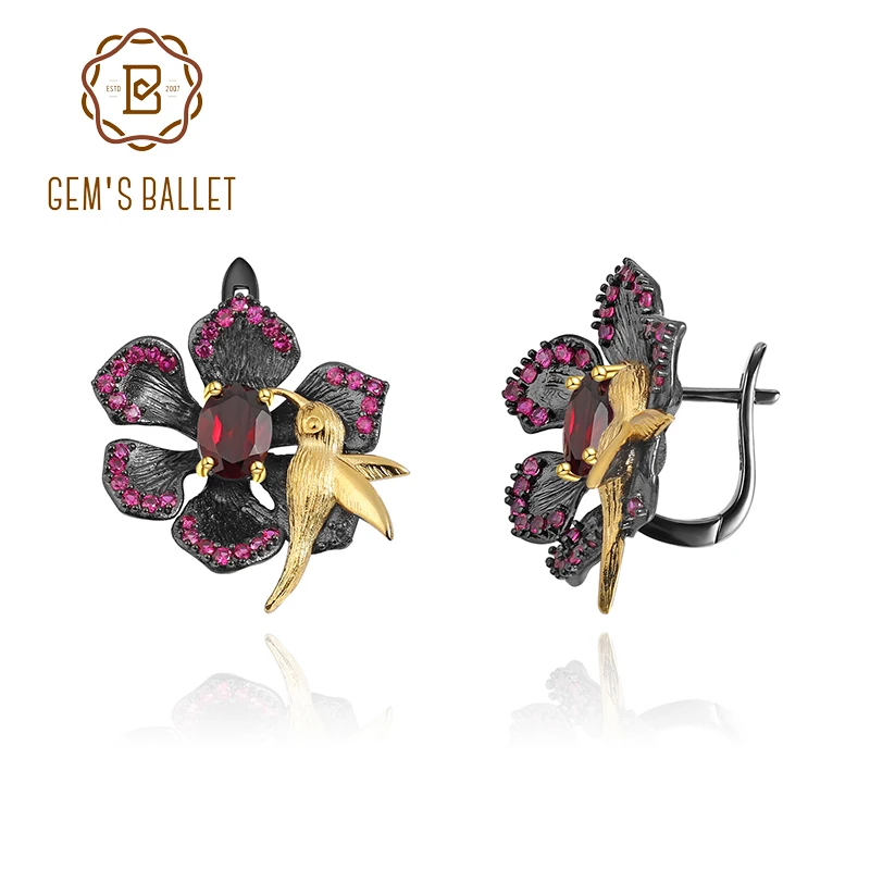 

GEM'S BALLET Natural Red Garnet Gemstone Bird Flower Clip Earrings For Women Jewelry 925 Sterling Silver Secret Garden Earrings