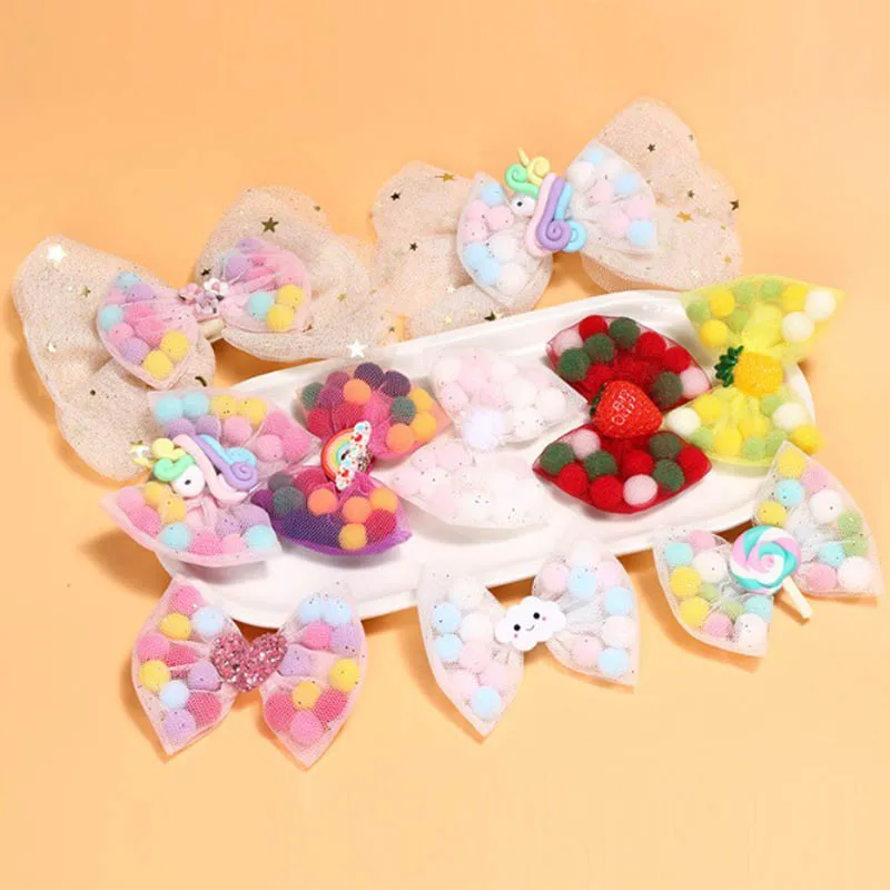 

20 pcs/lot , 8cm 15cm Hot Sale Bowknot gauze hairpin cute unicorn side clip cartoon lollipop children hairpin