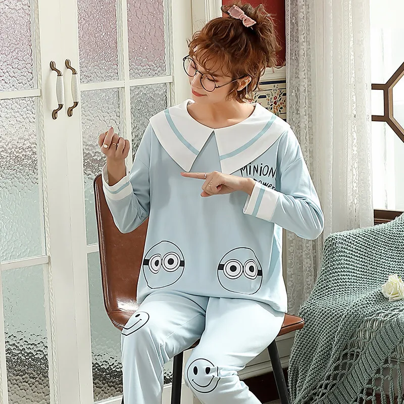 Spring New Women's Pajamas Doll Collar Princess Style Pajamas Round Neck Lovely Knitted Cotton Home Suit Pajama Set Women