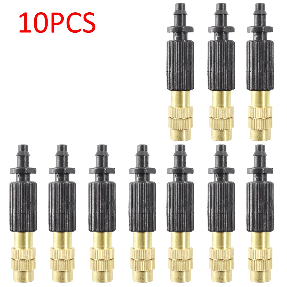 

10pcs Copper Misting Nozzle 1/4'' Barb Tee Connector Adjustable Brass Mist Spray Atomizer Watering Garden