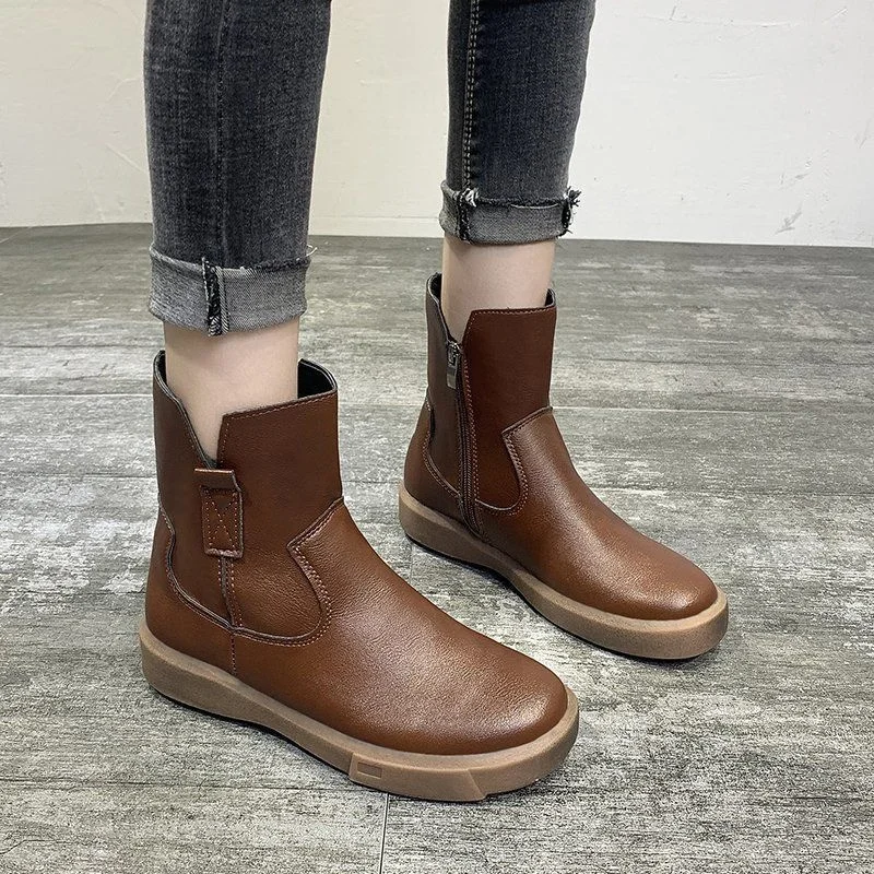 

Brown Leather Shoes For Girls Chelsea Boots Women Autumn Winter Plush Shoes Women's Thick Sole Black Mid-calf Boots Big Size 42