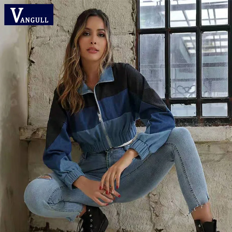 

Vangull Повседневная мода с длинным рукавом цветной блочный воротник на молнии весна-осень 2021 новая джинсовая короткая Свободная куртка в стил...