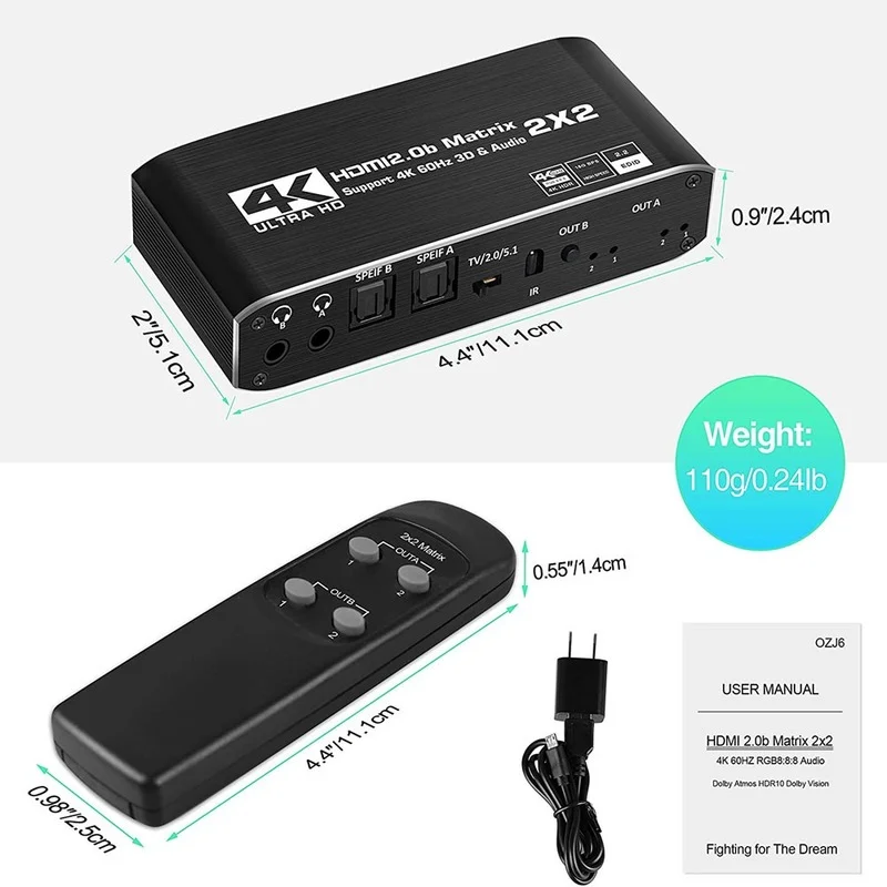 Матричный переключатель 2021 дюйма 2x2 сплиттер с SPDIF и L/R 3 5 мм HDR HDMI-совместимый 4x 2