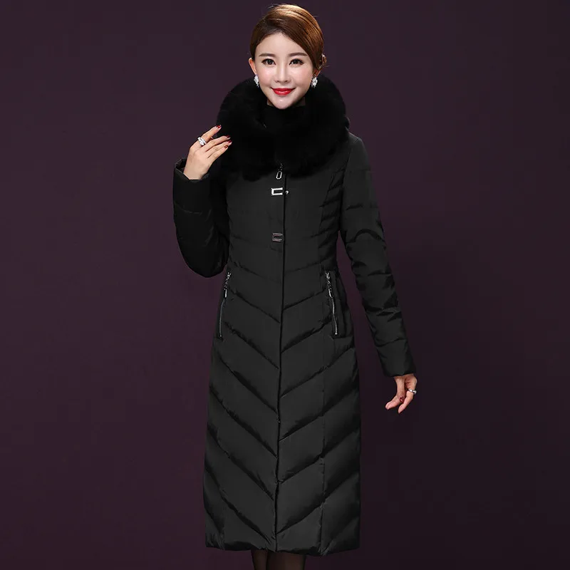 Женская длинная куртка на белом утином пуху с воротником из лисьего меха|Женские