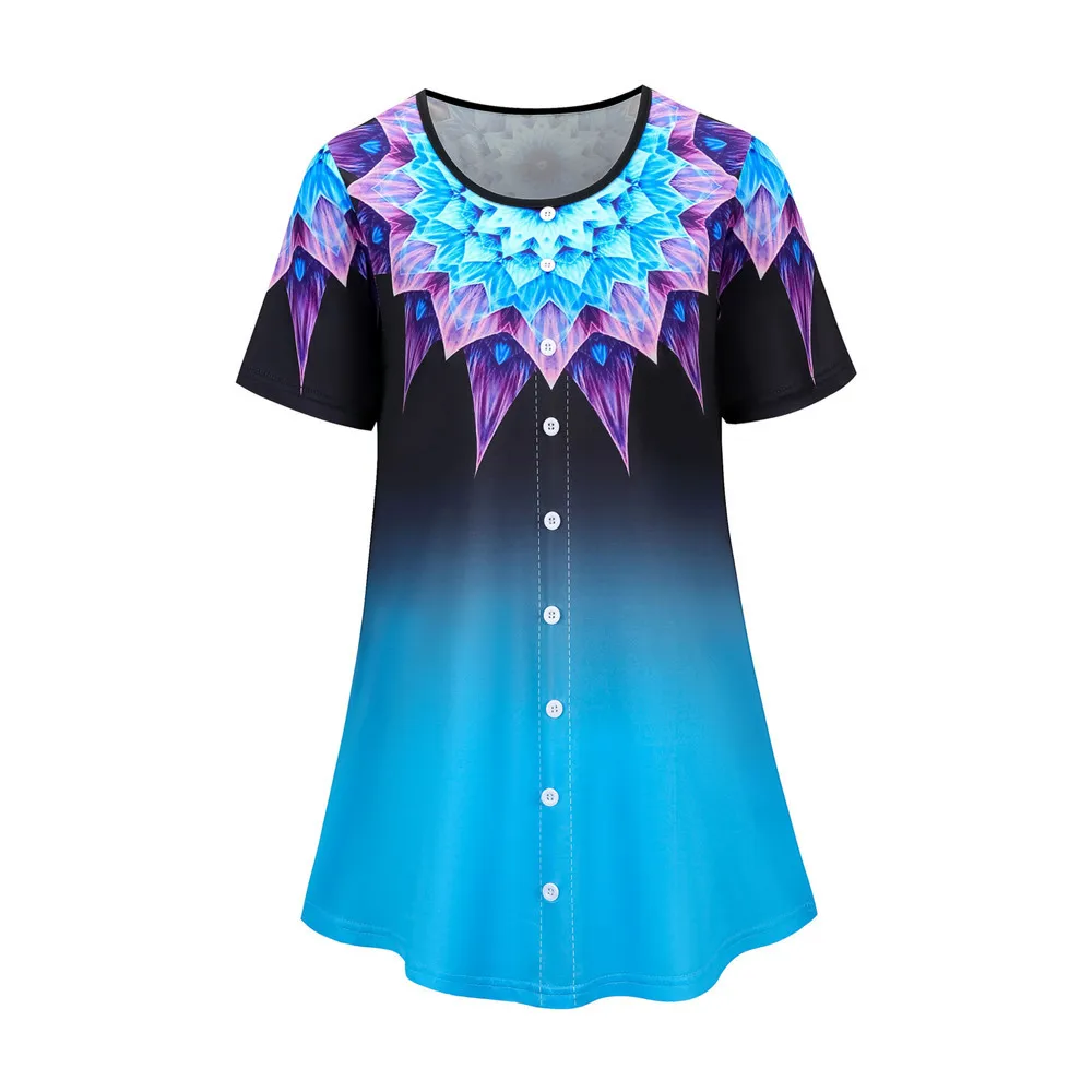 

New Women Summer Shirt Fashion 2021 Print Blouses Short Sleeve O-Neck Button Casual Shirts Female Blouse Plus Size S-5XL Tops