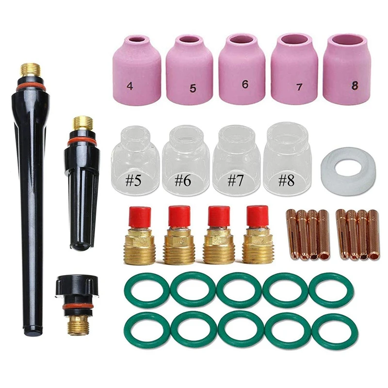 

TIG Stubby Gas Lens Collet Body & 5 6 7 8 Pyrex Cup Kit for DB SR WP 9 20 25 TIG Torch Welding Accessories 35Pcs