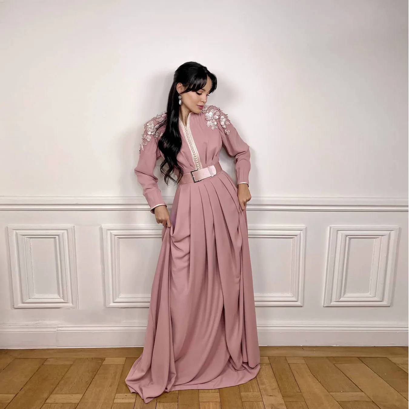 

Pink Floor Sleeves Moroccan Caftan Evening Dress A-line Saudi Arabia Caftan Plus Size Custom Made Prom Gown Vestidos De Gala