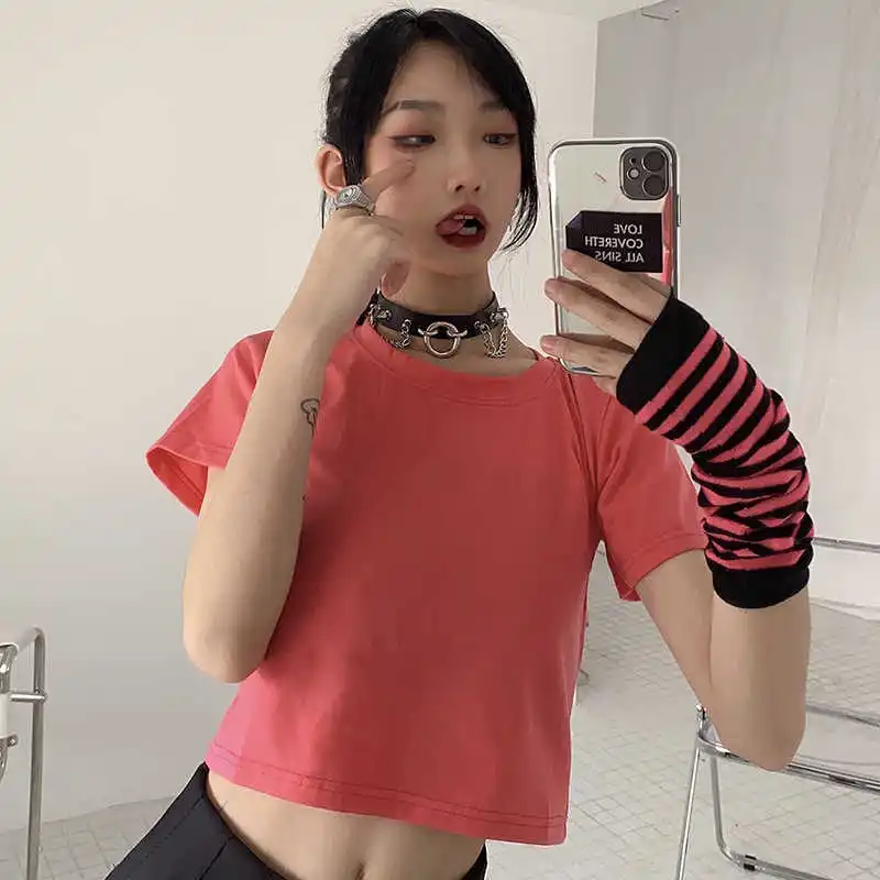 

Футболка женская короткая однотонная в стиле «бойфренд», модная Базовая Универсальная Свободная рубашка в стиле Харадзюку, ретро, с коротк...