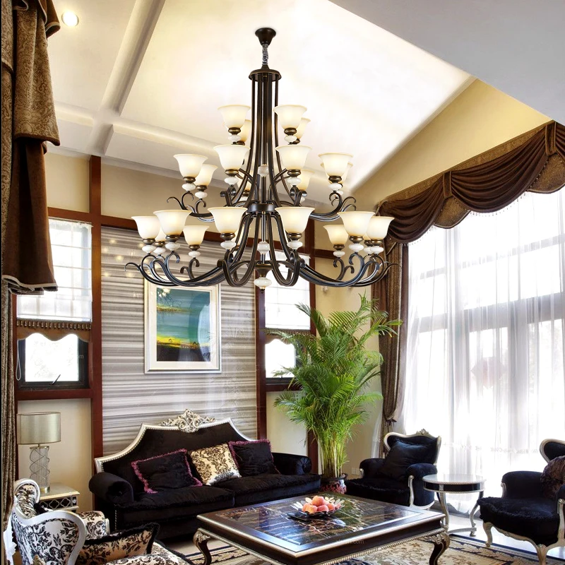 Лестница Led E27 Металлическая лампа большие матовые стеклянные люстры фойе вилла