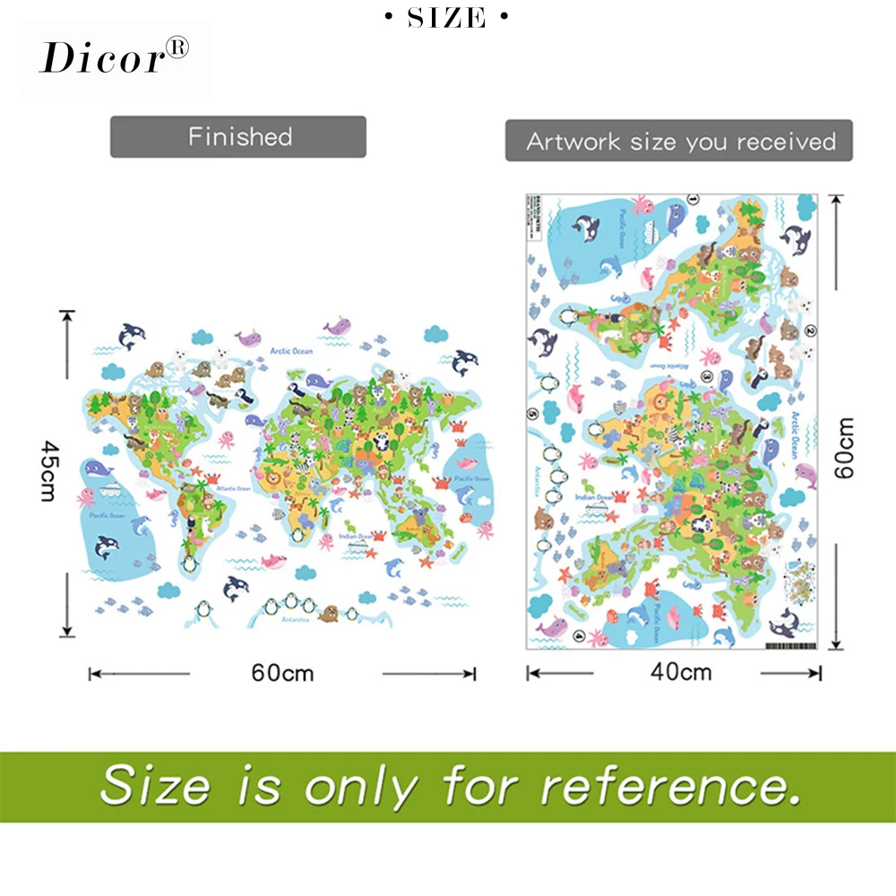 

DICOR 3 Kinds Cartoon World Map Wall Sticker Animals For Kids Room Nursery DIY Mural Creative Waterproof Decal PVC Wallpaper New