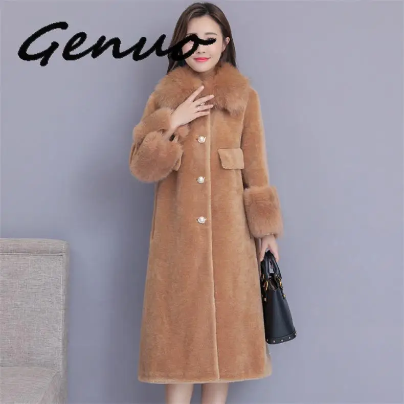 

Genuo New 2019 Sheep Sheared Coat Female Faux Fox Fur Collar Long Section Autumn And Winter Korean Version Of Women Outwear