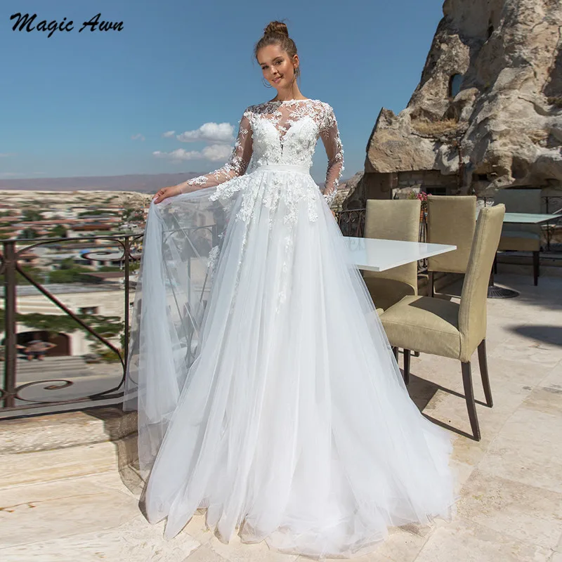 

Magic Awn Long Sleeves White Wedding Dresses Boho Lace Appliques Princess Beach A-Line Mariage Gowns Illusion Vestido Branco