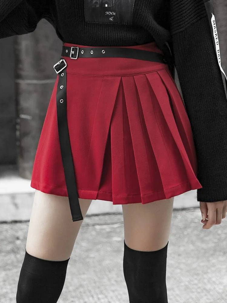 Женские плиссированные мини-юбки с поясом красные в стиле панк PQ-486BQ размеры: S-L |