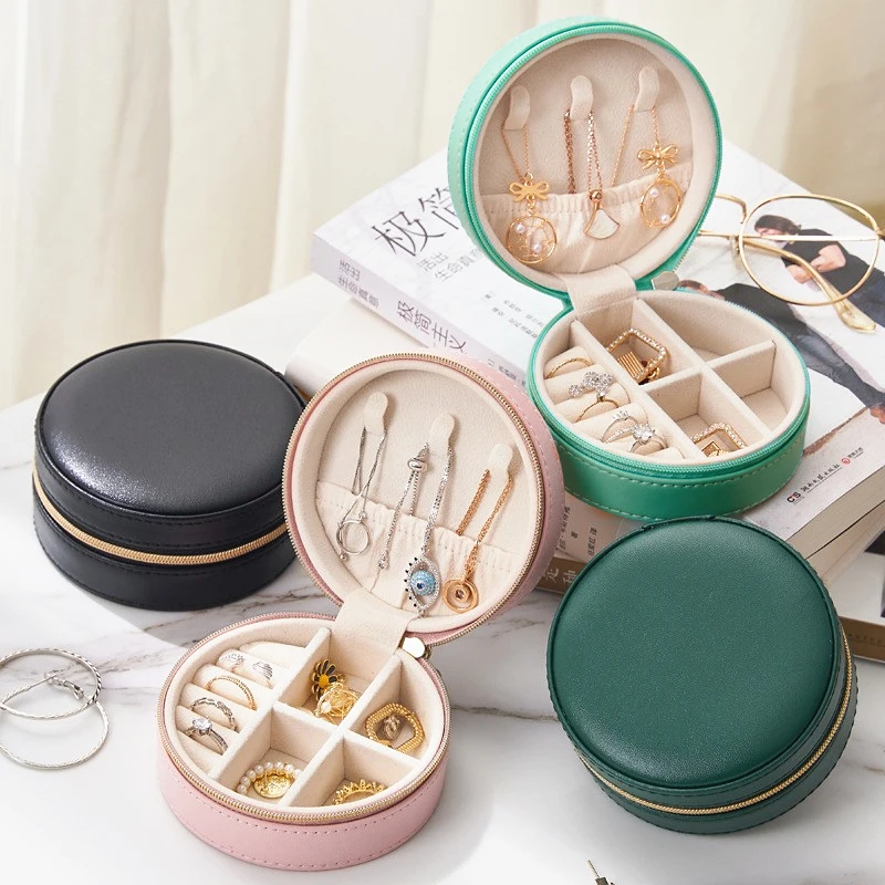 

Round Jewelry Storage Boxes Earrings Box Travel Portable Necklace Case Ring Organizer with Zipper