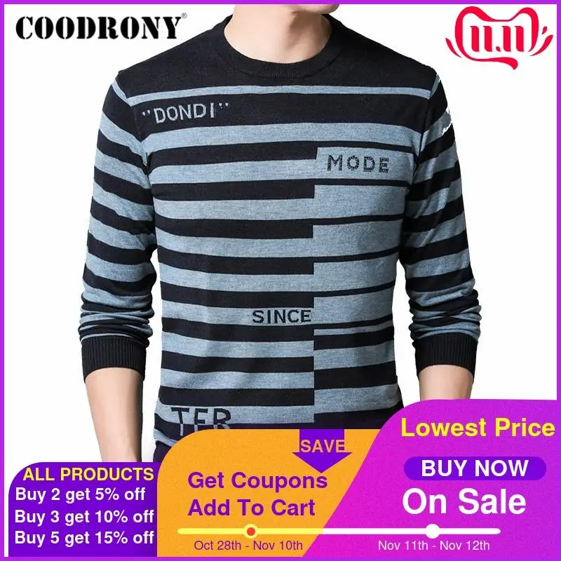 Мужской Повседневный пуловер COODRONY трикотажный мягкий хлопковый в полоску с