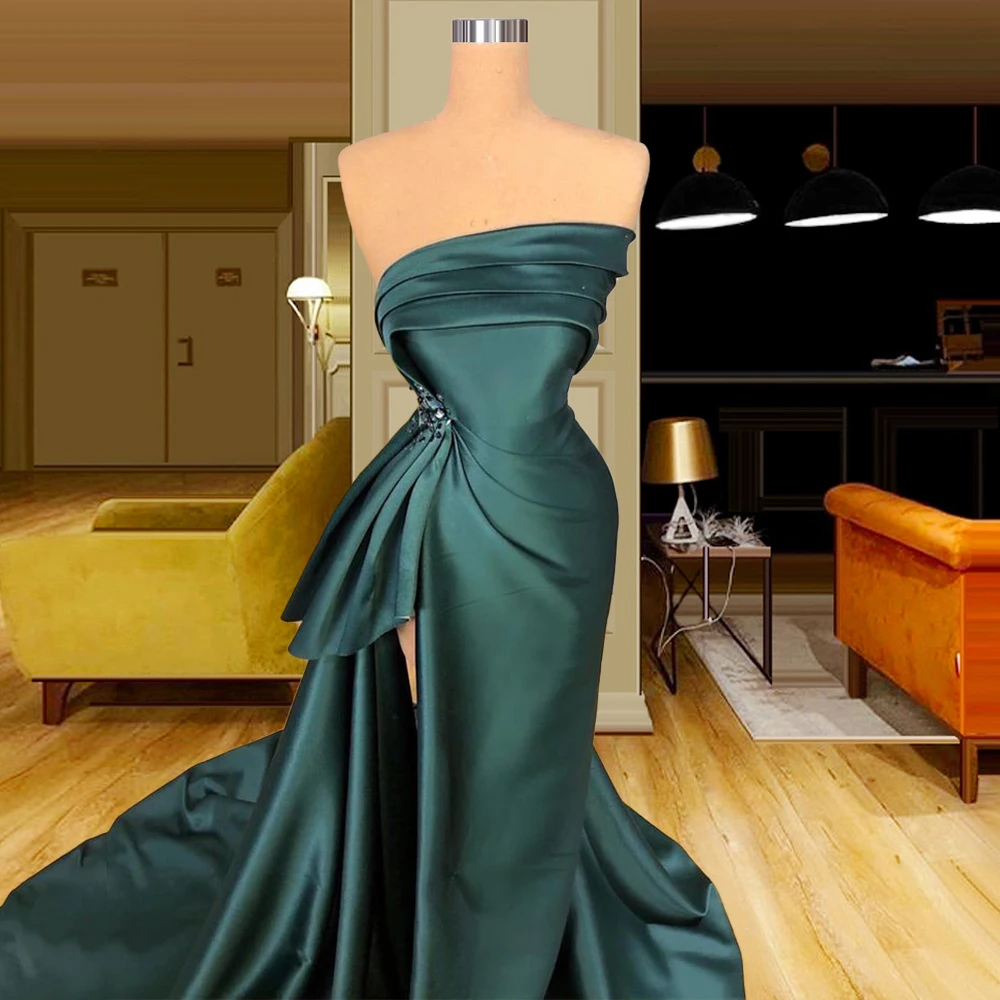 

Strapless Dark Green 2021 Satin High Slit