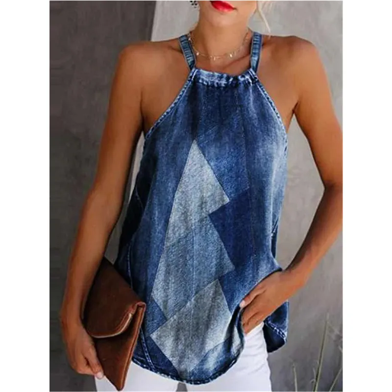 

2021 Summer Fashion Street Hipster Urban Casual Loose Irregular Stitching Round Neck Sleeveless Comfortable Women T-Shirt