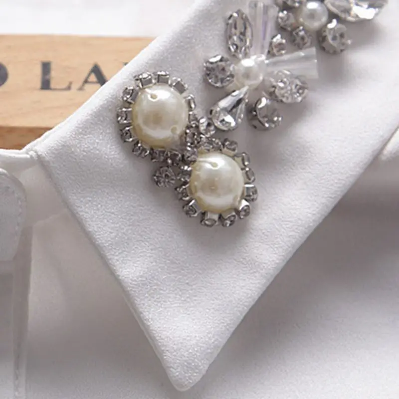 

Sweater Decorative Chiffon Fake Collar Rhinestone Faux Pearl Flower Half-Shirt D08E
