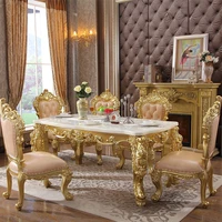 european style long luxury dining table villa high end solid wood carving leather marble dining table and chair
