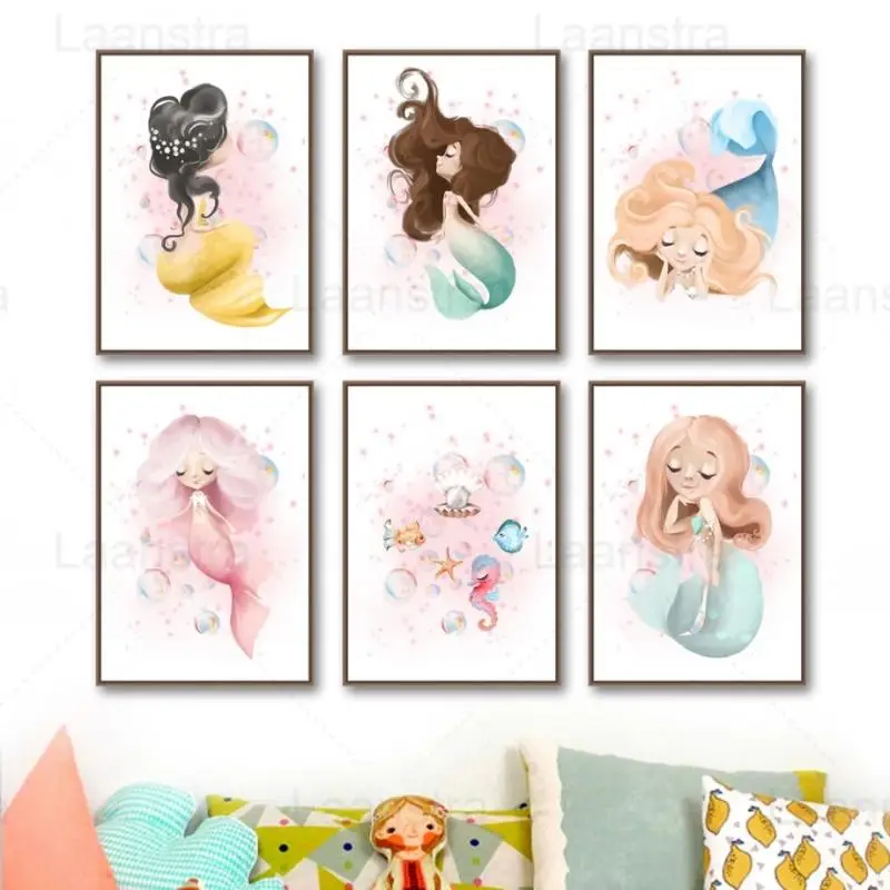 

Cartoon Mermaid Bubble Canvas Posters Nursery Wall Art Print Watercolor Sea Animals Painting Girls Room Wall Decor Home Decor