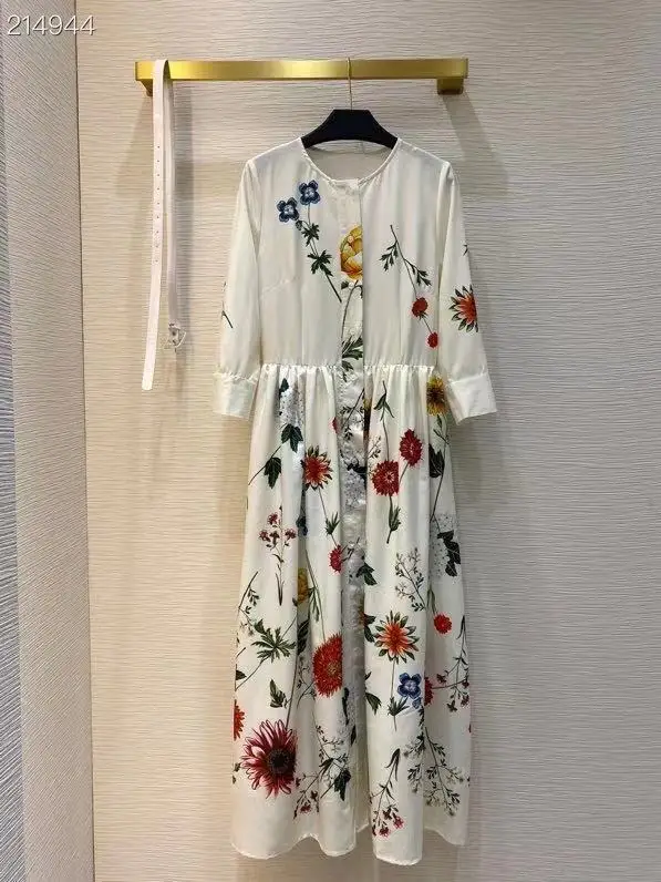 

Top Quality New Long Dress 2021 Spring Summer Casual Runway Women Charming Floral Print Single Breasted Belt Empire Dress