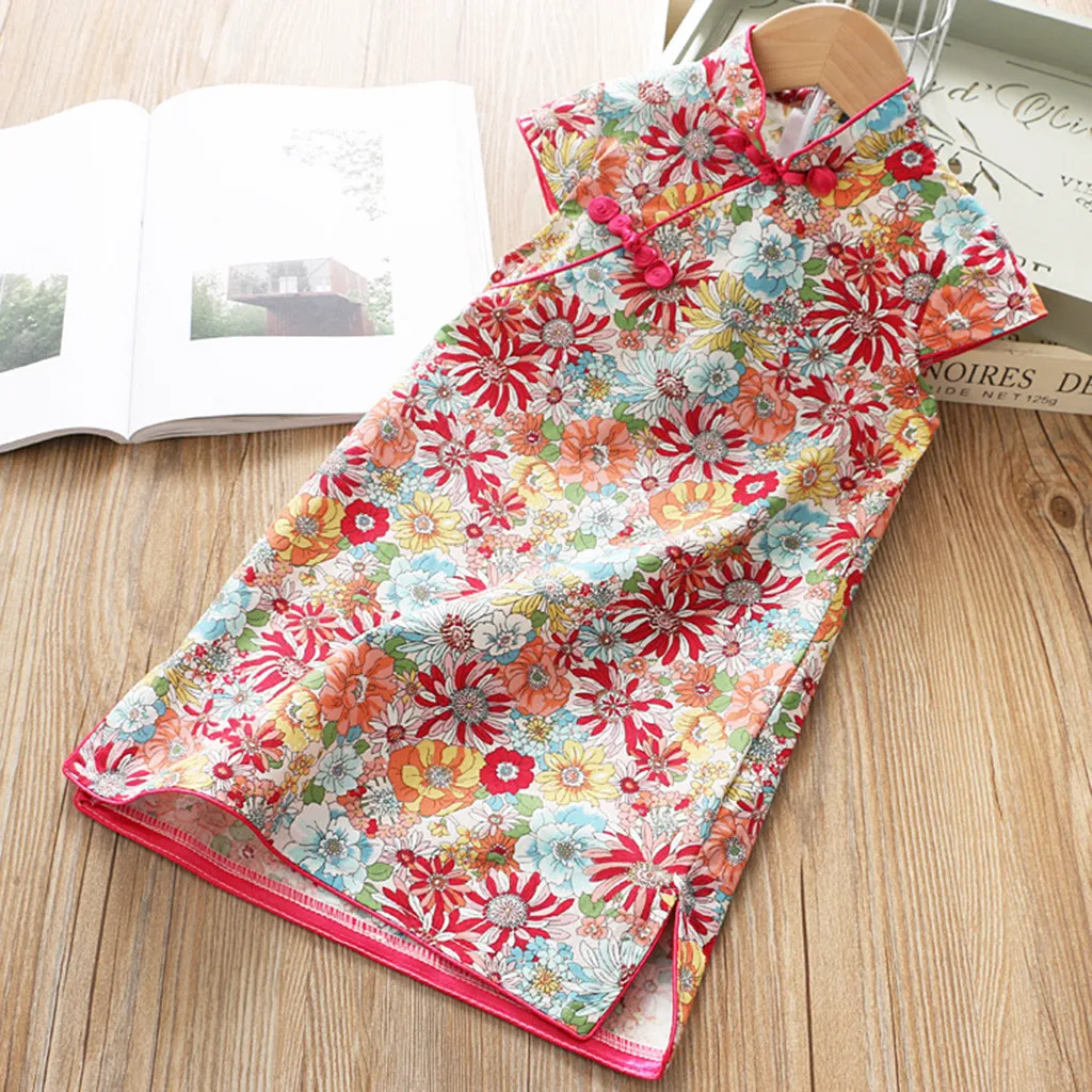 Платье-Чонсам для маленьких девочек в китайском стиле с цветочным рисунком и