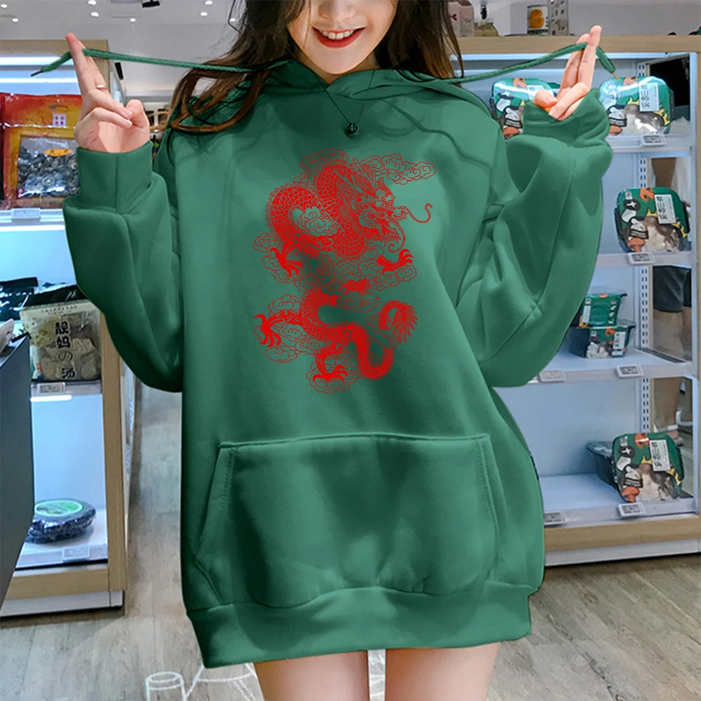 Dragon Printed Hoodies Femmes Sweatshirts Plus Size Harajuku Streetwear Pullover Sweetshirts Camiseta Manga Larga Mujer Invierno