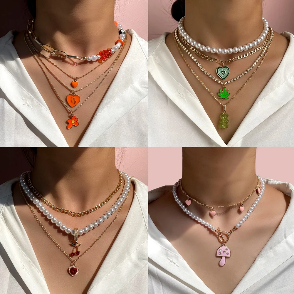 

Flatfoosie Multilayer Pearl Choker Enamel Heart Pendant Necklace for Women Fashion Bear Metal Clavicle Chain Necklace Jewelry