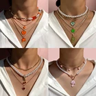 Женское многослойное ожерелье Flatfoosie, эмалированное ожерелье с подвеской в форме сердца, металлическая цепочка до ключиц с медведем, ювелирные изделия