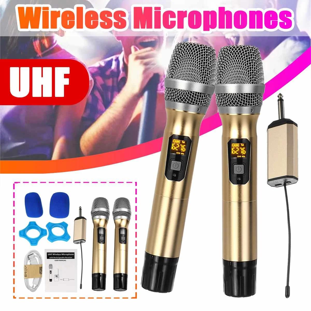 

UHF Wireless Microphone Speaker System Handheld Mic Cordless 2 Mics Player With Mini Digital Receiver For Stage Bar Show Perform