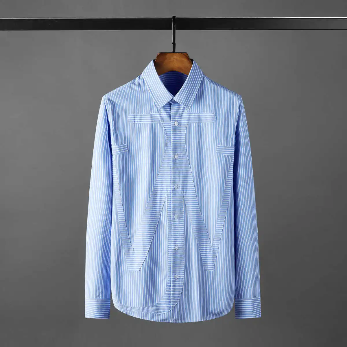 

Blue Stitching Stripe Spring Streetwear Trend Brand Fashion Men's Shirt Casual Men's Long Sleeve Business Formal Dress Shirt Men