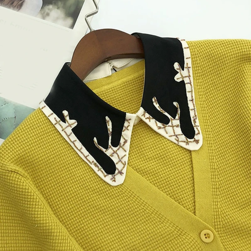 

Women Double Layer Applique Embroidery False Collar Bugle Bead Sewing Jewelry Necklace Choker Contrast Color Patchwork