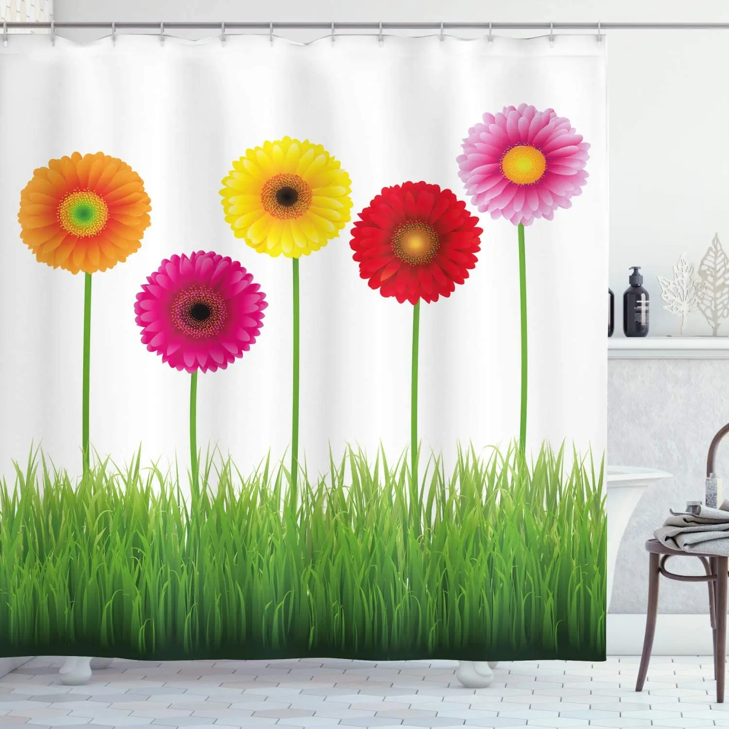 Занавеска для душа Gerber с ромашками горизонтальный заказ красочные цветы на траве
