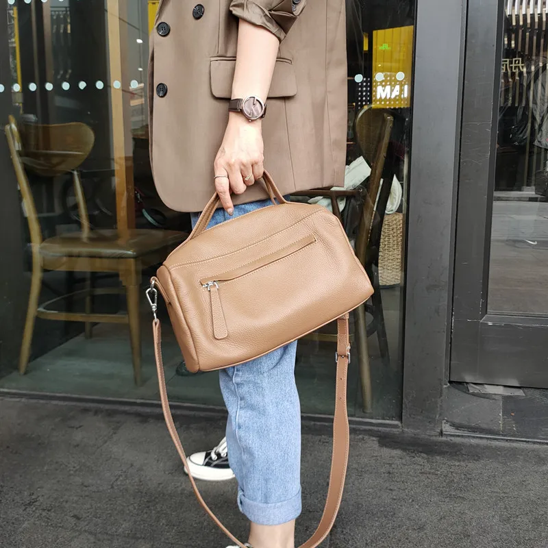 

WOONAM Fall Winter New Bag Top Hide Genuine Calf Leather Large Boston Shoulder Bag Wb1218