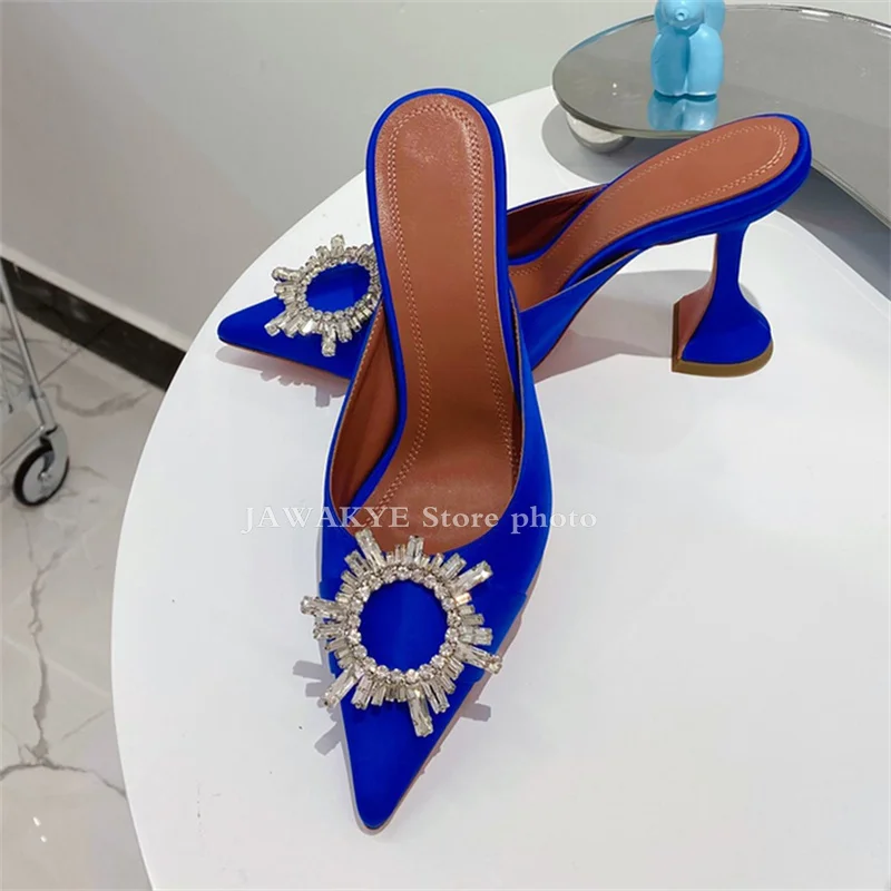 

Women Sexy Crystal Runway Street Mules Slippers Satin Strange Cup Heels Sandals ladies Summer Wedding Banquet Bride Shoes Mujer