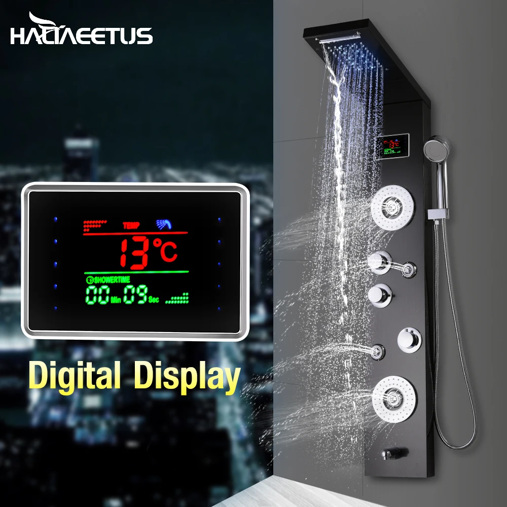 Beste Zwart/Geborsteld Led Licht Douche Temperatuur Screen Panel Badkamer Waterval Rain Douchekraan Bad Mengkraan Met Handdouche