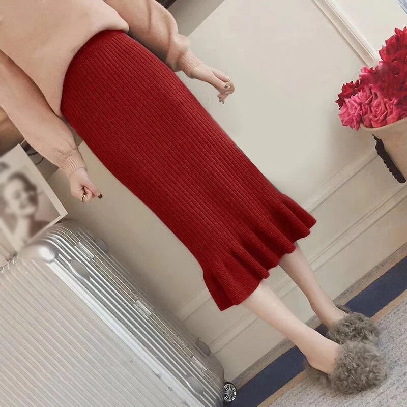 Юбки Женский трикотаж карандаш средней длины Теплый Облегающая посадка Bodycon