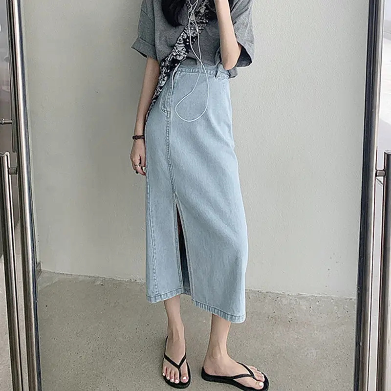 

Summer Women Skirt New Korean Commute Female Half-Length High Waist Mid-Length Split Denim A-line Package Hip Soild Sexy Skirt