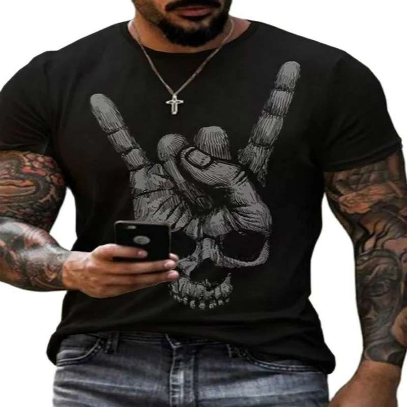 

Men's 3D Printing Loose T-shirt Fashion Street Creepy Finger Skull O-Neck Personalized Casual Pullover Shirt 2021