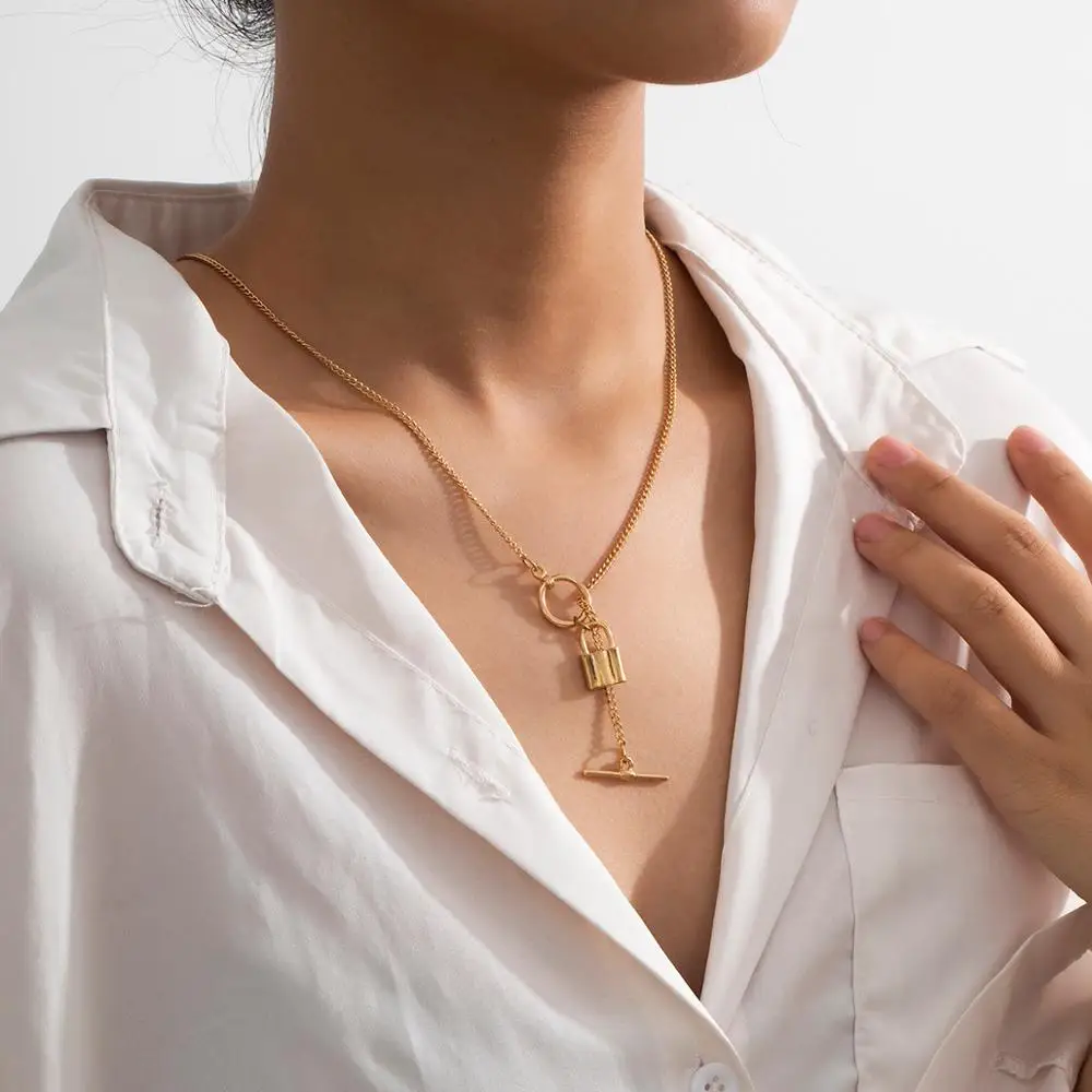 

Boho Simple Padlock Buckle Pendant Necklace Women Vintage Gold Color Metal Long Tassel Sweater Necklaces Girls Fashion Jewelry
