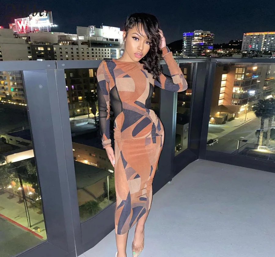 

Nibber Basic Round Neck Patchwork printing Bodycon Midi Dresses For Women 2021 Spring Streetwear Party Night Long Sleeve Dresses