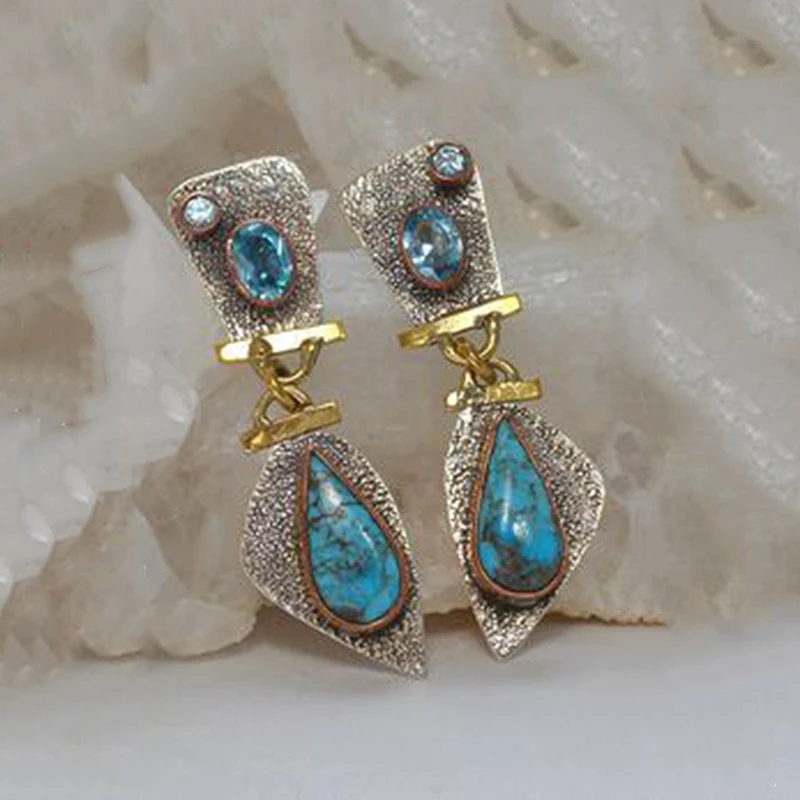 

New Fashion Vintage Tibetan Silver Color Turquoises Earrings Blue Stone Chain Dangle Earrings for Women Boho Jewelry accessories