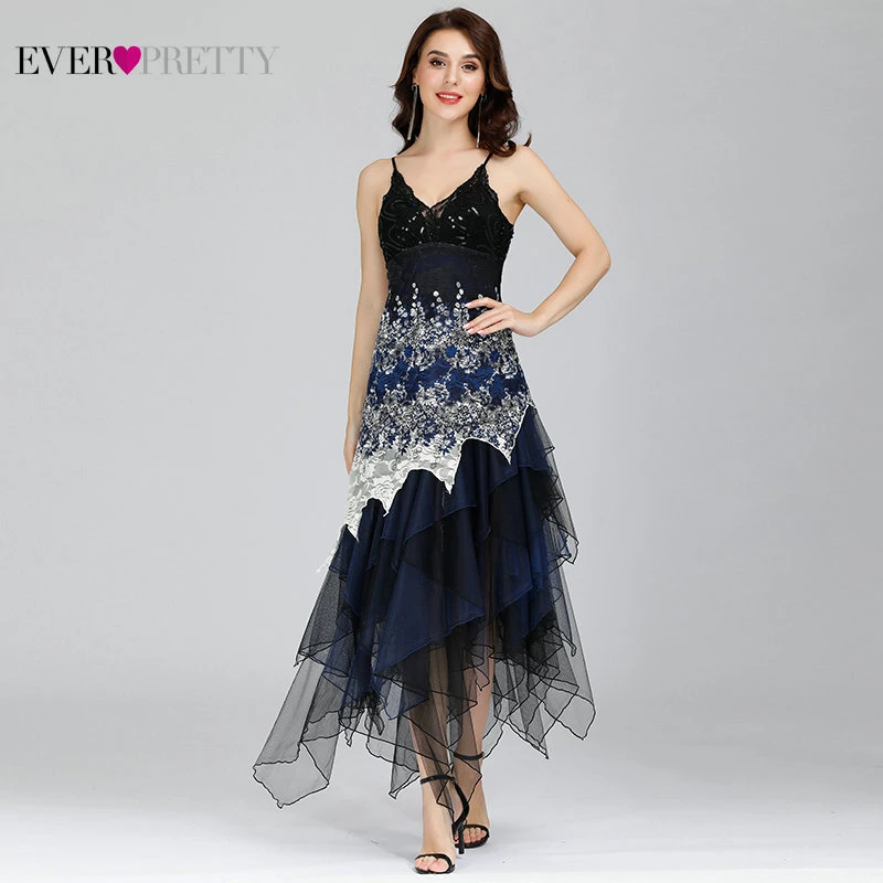 

Sexy Cocktail Dress Women Long Spaghetti V-Neck Black White Lace Empire Ever Pretty EP6212B Sparkling Plus Size Cocktail Dresses