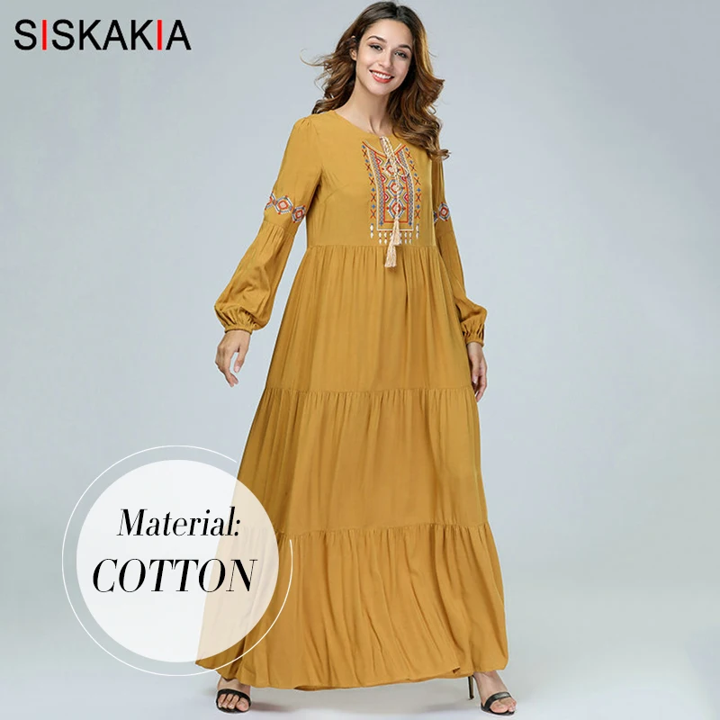 Yellow dress Бархатное Свободное длинное платье с этнической вышивкой, мусульманские платья с длинным рукавом, осень, арабское платье темно-синего цвета размера плюс - Цвет: Yellow dress
