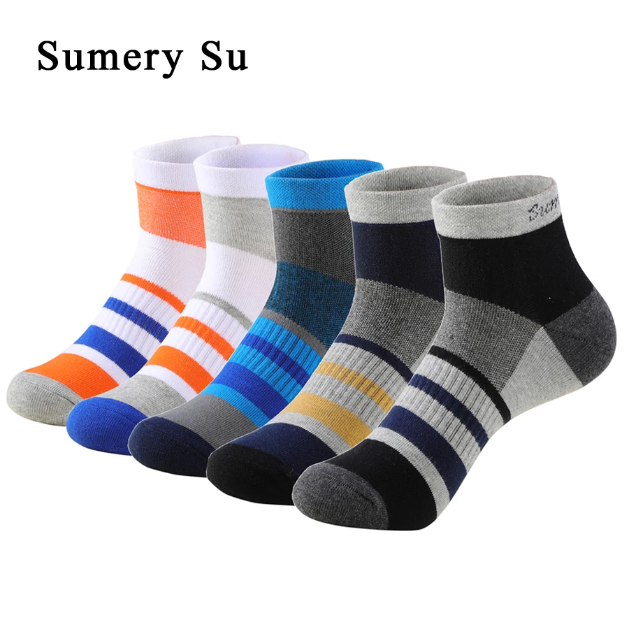 5 Pairs/Lot Running Socks Men Ankle Colorful Stripes Combed Cotton Outdoor Gym Compression Short Male Socks 5 Colors New