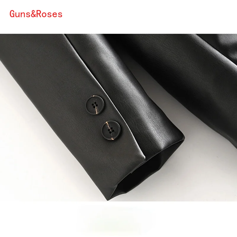 

Women Fashion PU Faux Leather Loose Blazer Coat Vintage Pockets Long Sleeve Back Vents Female Outerwear Chic Tops