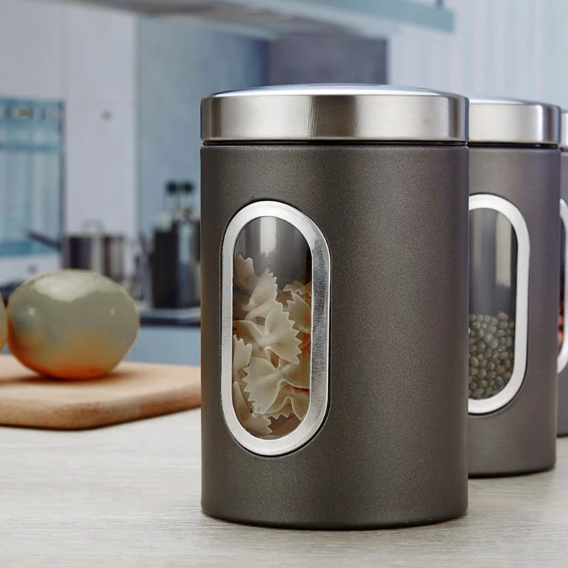 

3Pcs Kitchen Canister Sugar Food Tea Coffee Candy Storage Jars Stainless Steel With Transparent Windows Dry Food Snack