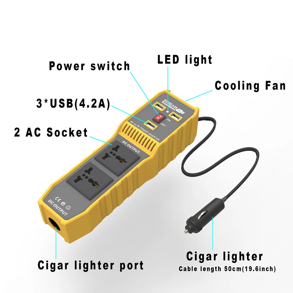 200W Car Power Inverter DC 12V to AC 220V/110V Modified Sine Wave Converter with 2 Sockets & One Cigar Lighter Port 3 USB | Автомобили