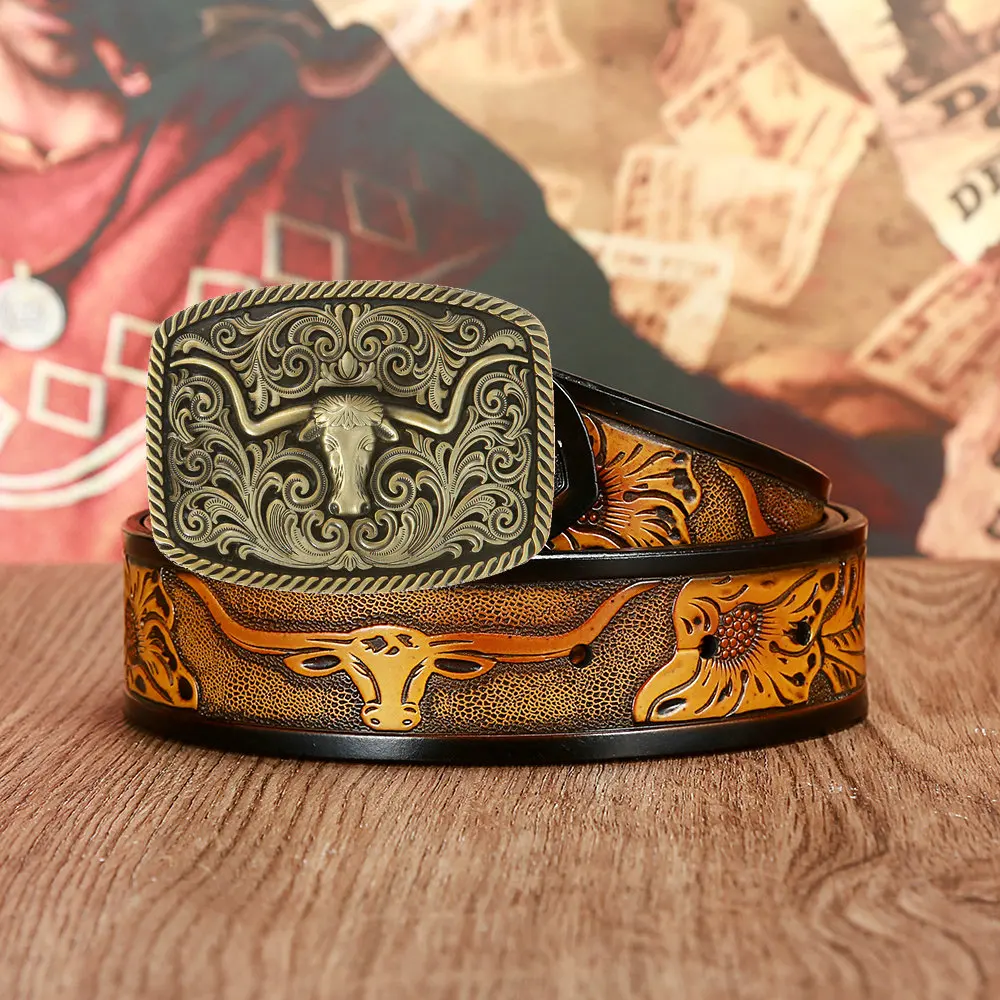 21-year-old western denim belt men's craft retro leather patterned cow belt