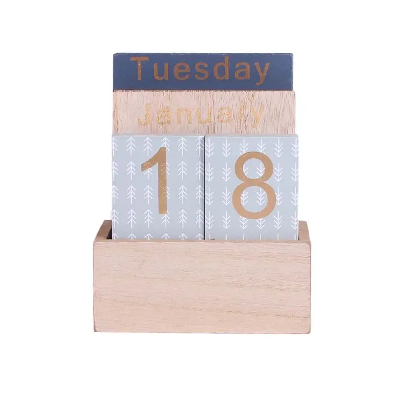 

Vintage Wooden Perpetual Calendar Eternal Block Planner Photography Props Month Week Date Display Home Office Desktop Decoration